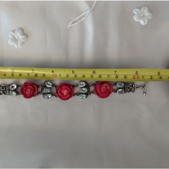 VINTAGE 925 Silver Bracelet with 10 TOPAZ and 3 Red Roses Toggle Closure - Picture 4 of 13